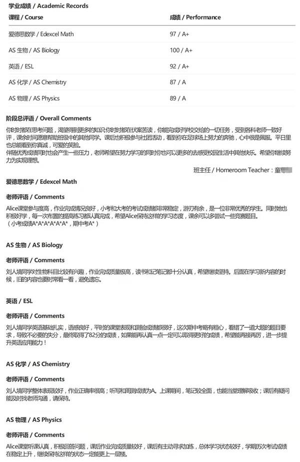学业成绩及教师评语
