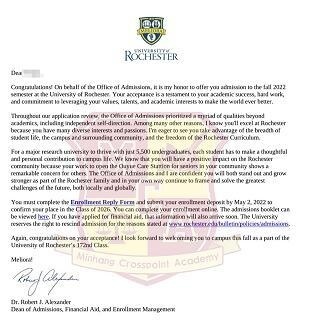 闵行汇点高中学子罗彻斯特大学offer