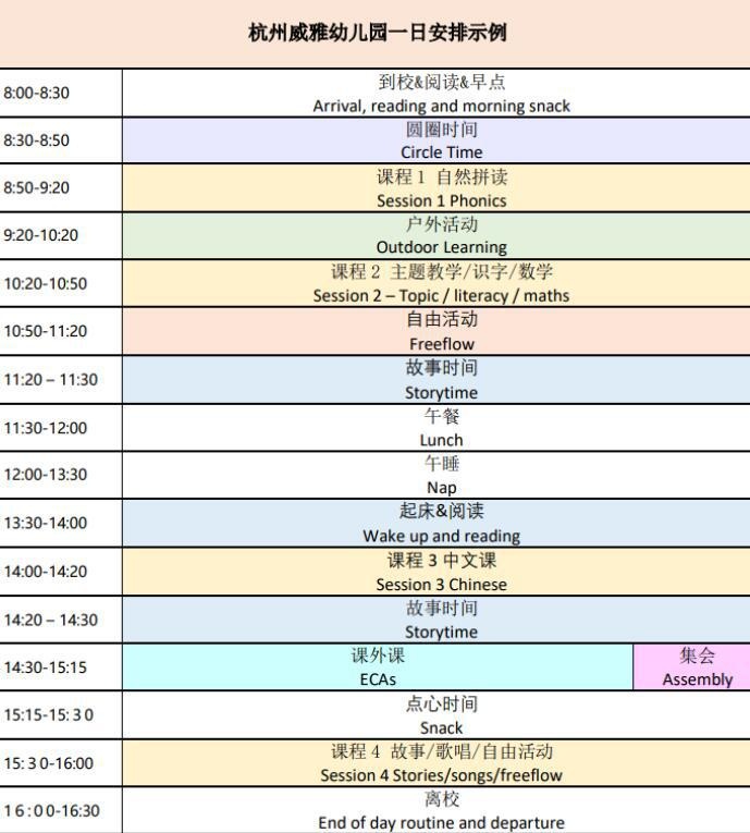 杭州威雅幼儿园每日课程活动安排