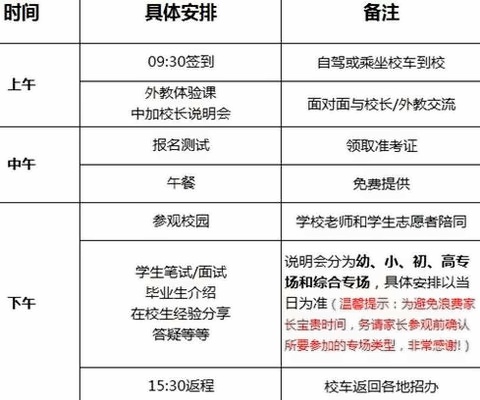 中加楓華國際學校2018年1月7日校園開放日流程