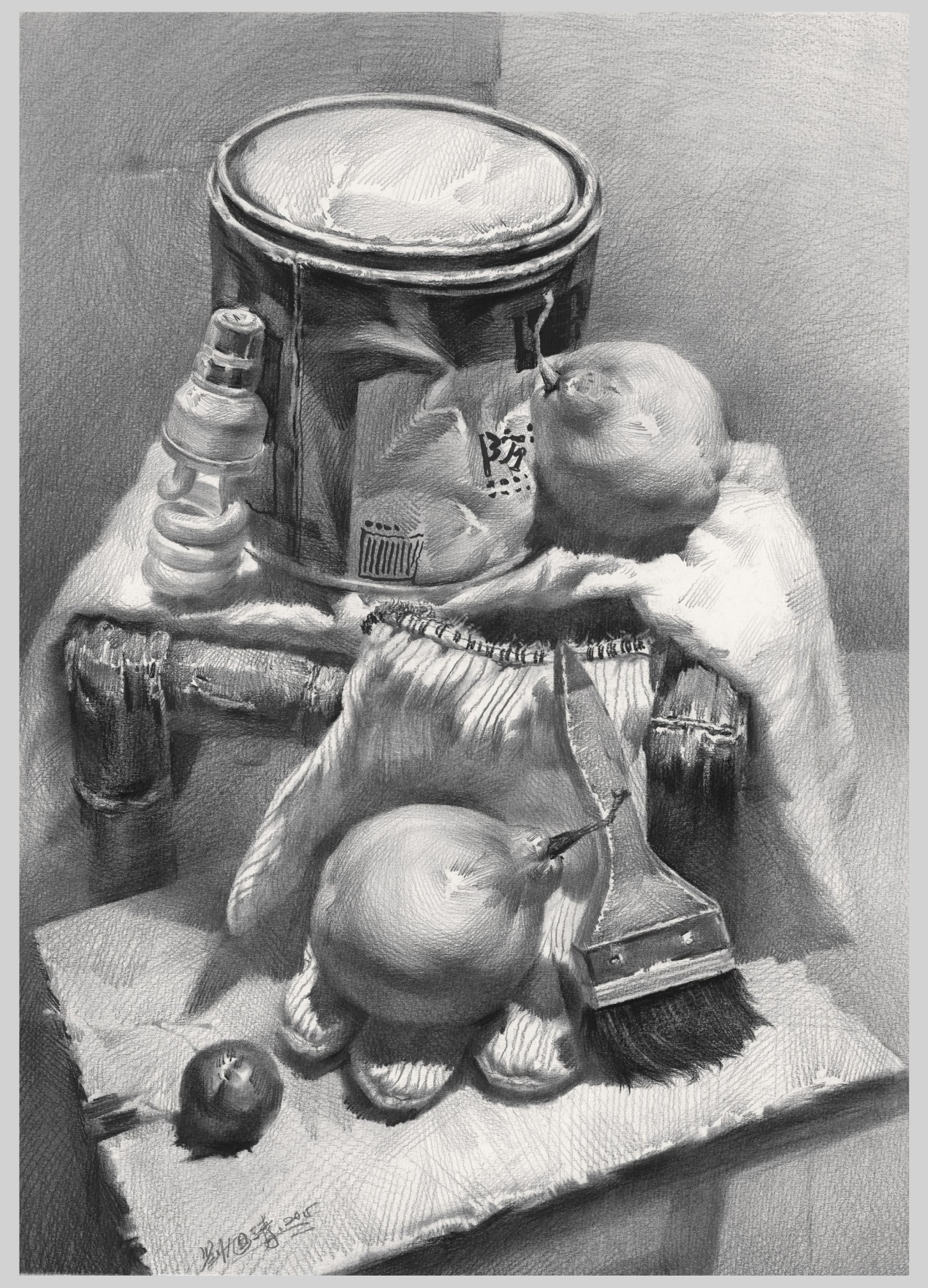 油漆桶的表面较光滑,反光明显,注意暗面丰富的层次变化.