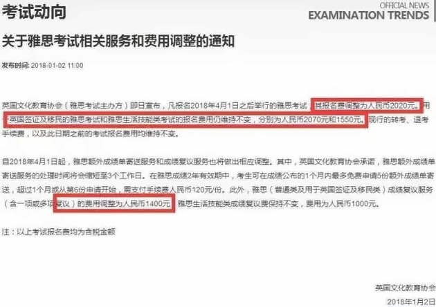 雅思考试2018年费用