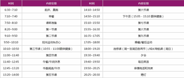 中加楓華國際學校作息時間